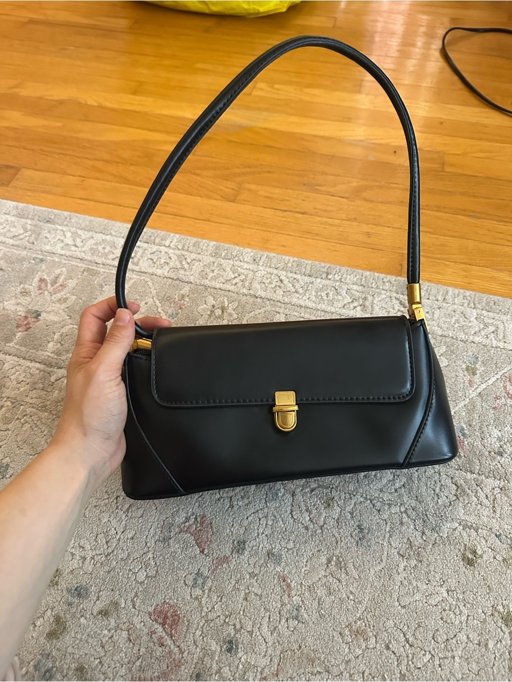 Black Leather Shoulder Bag with Gold Hardware